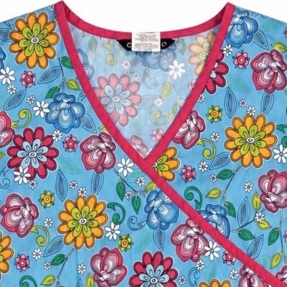Cassandra O Floral Scrub Top L Blue Pink Medical Nurse Healthcare Uniform Retro